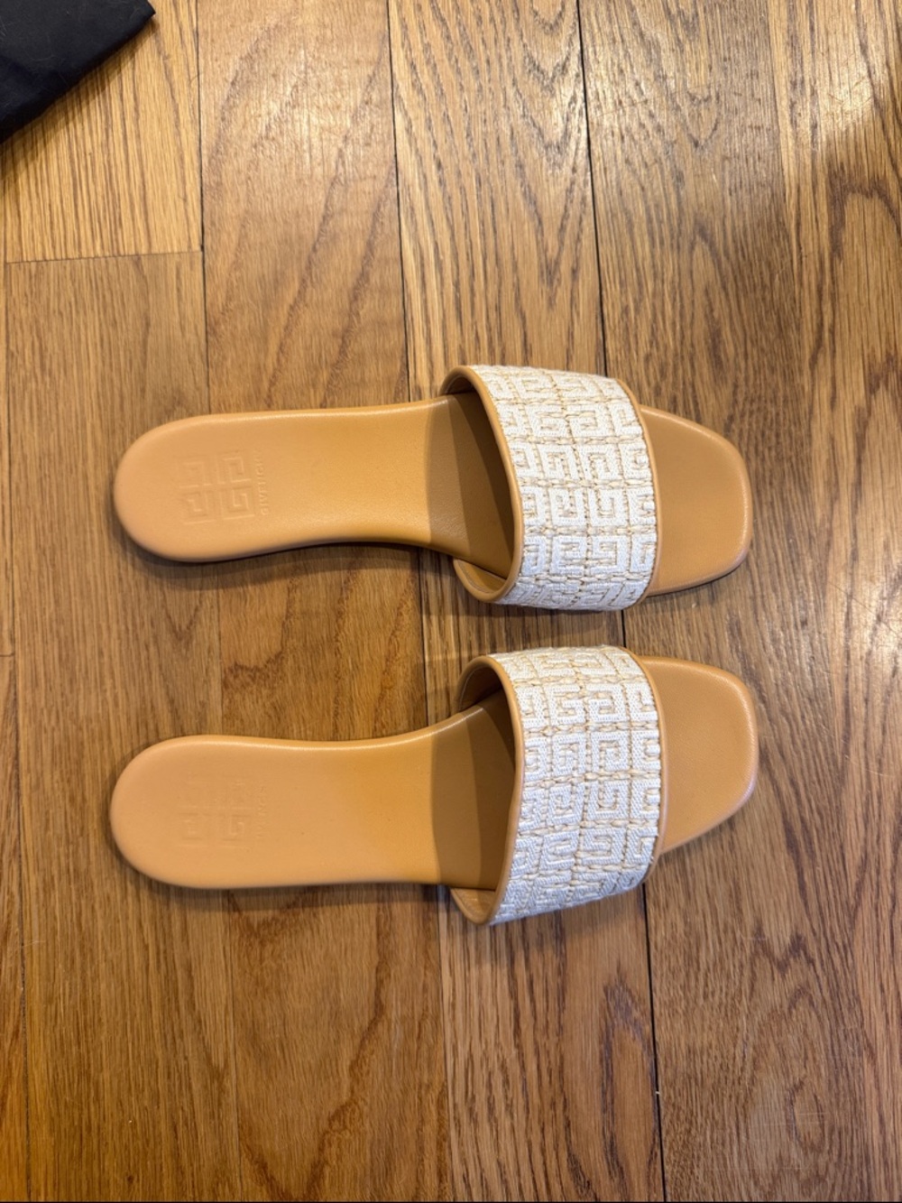 Givenchy Cream Woven Logo Slide Sandals with Tan Footbed